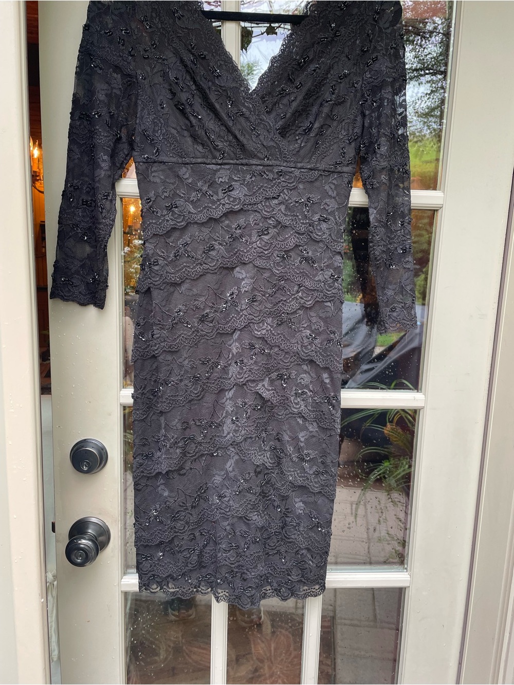MARINA Black Lace Beaded V-Neck Long Sleeve Sheath Dress